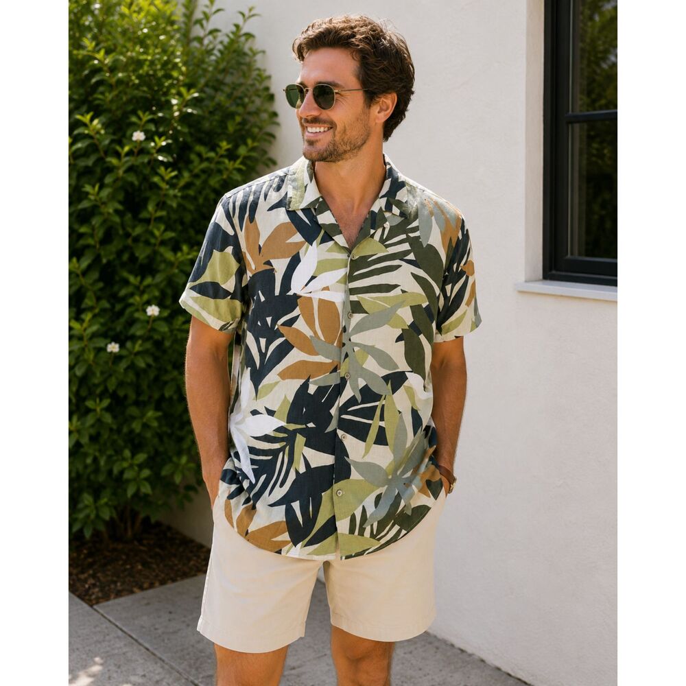 MagaSchoni Linen Tropical Floral Button Up Shirt Men’s XL Hawaiian Camp